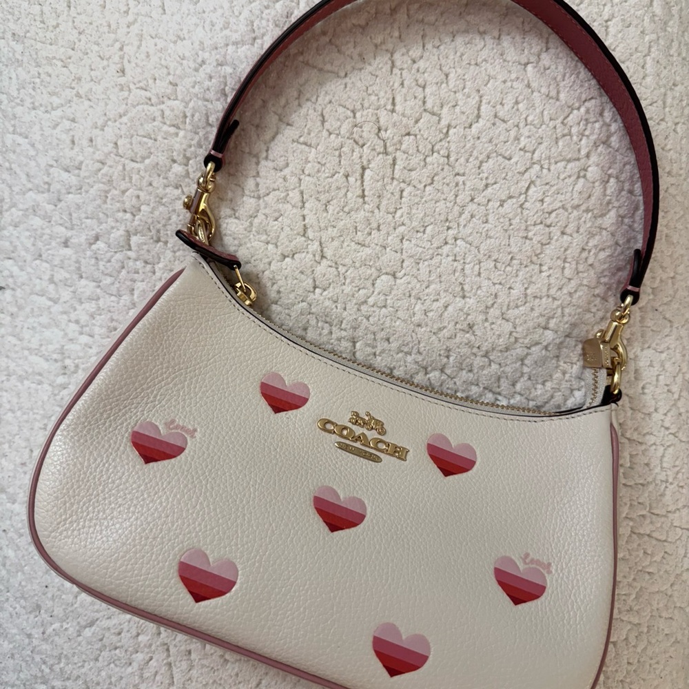 Coach White and Pink Heart Pebbled Leather Shoulder Bag